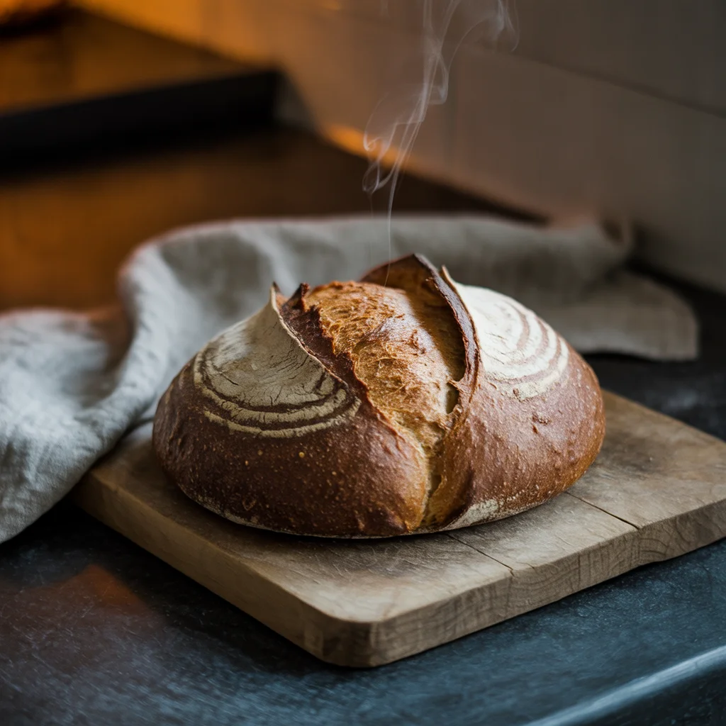 Fresh baked sourdough bread on a rustic cutting board, steam rising, warm light
