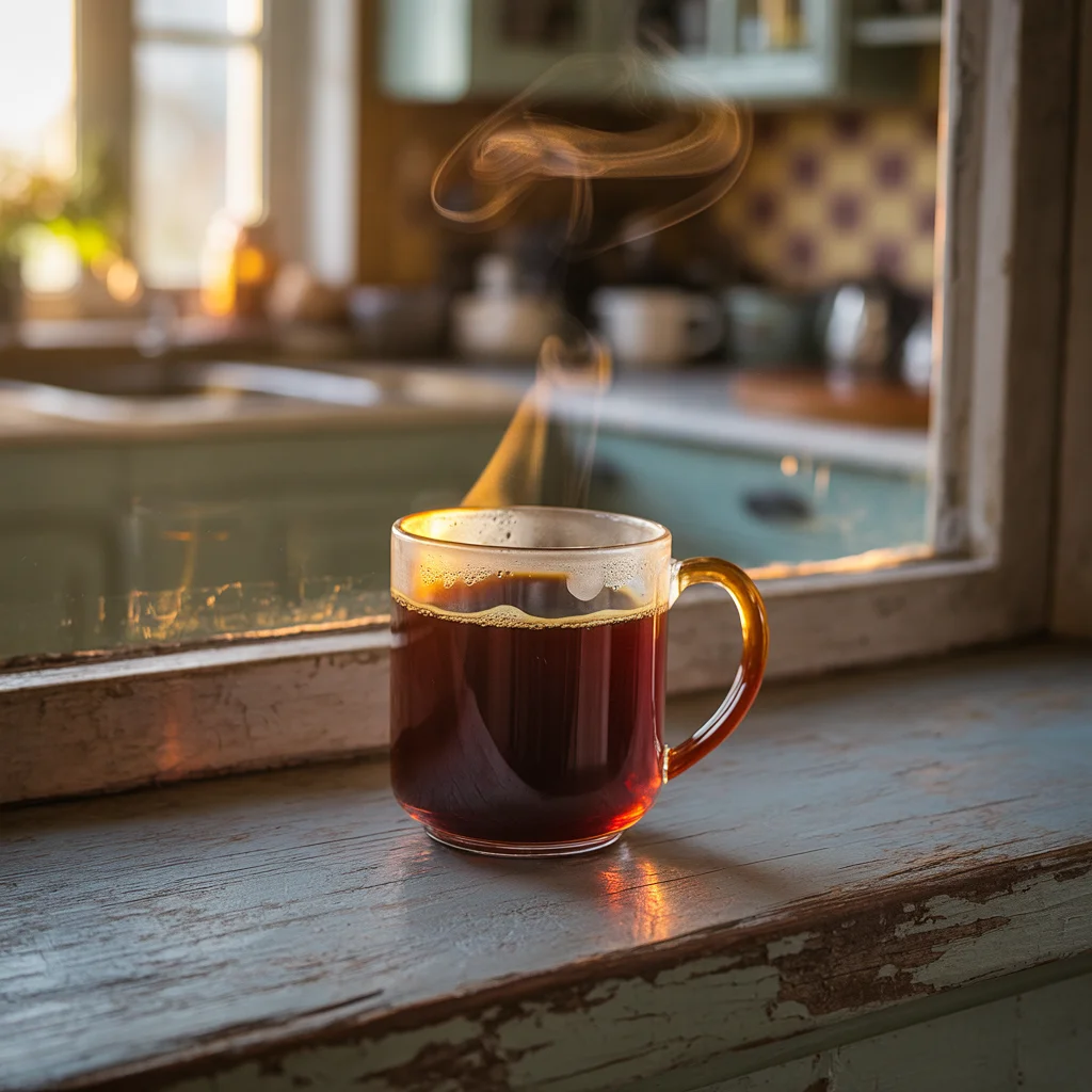 A steaming cup of coffee on a sunlit windowsill, early morning