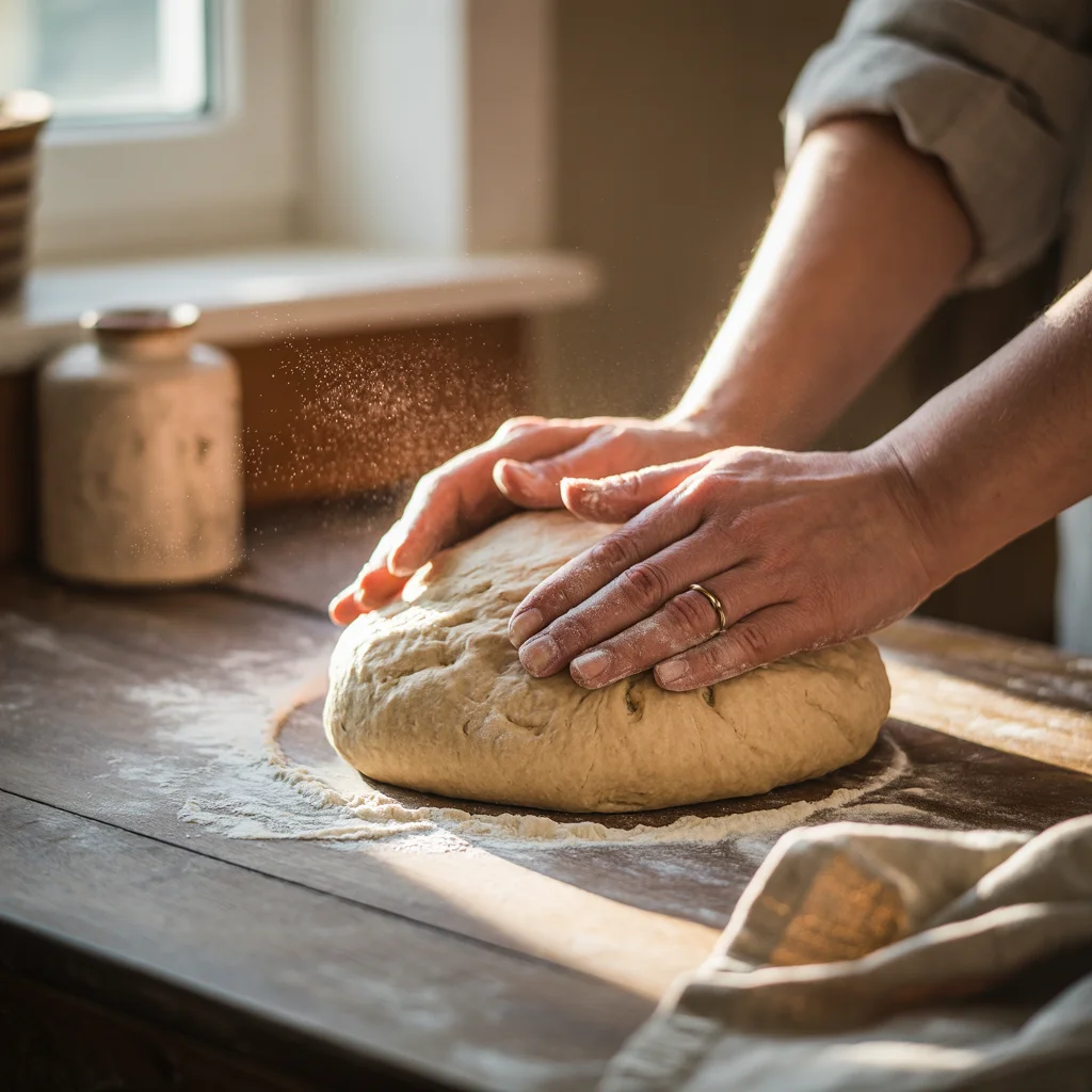 Hands kneading bread dough on a flour-dusted table in warm morning light